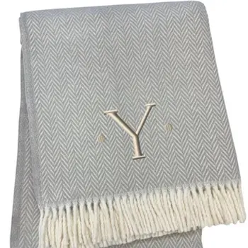 55" X 70" Gray And White Herringbone Cotton Blend Woven Throw Blanket with Tassels And Embroidery