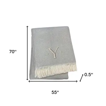 55" X 70" Gray And White Herringbone Cotton Blend Woven Throw Blanket with Tassels And Embroidery