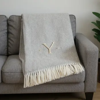 55" X 70" Gray And White Herringbone Cotton Blend Woven Throw Blanket with Tassels And Embroidery