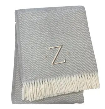 55" X 70" Gray And White Herringbone Cotton Blend Z Initial Throw Blanket with Tassels And Embroidery