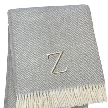 55" X 70" Gray And White Herringbone Cotton Blend Z Initial Throw Blanket with Tassels And Embroidery