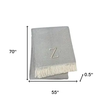 55" X 70" Gray And White Herringbone Cotton Blend Z Initial Throw Blanket with Tassels And Embroidery