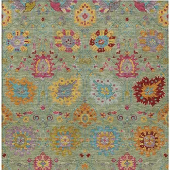 3' X 5' Artichoke Green Gold And Pink Damask Washable Indoor Outdoor Area Rug