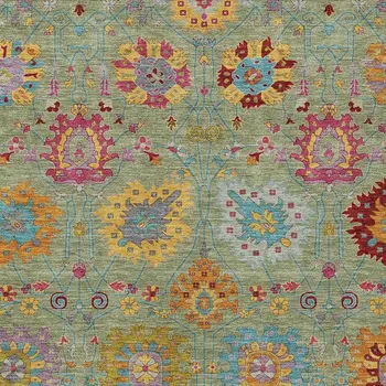 3' X 5' Artichoke Green Gold And Pink Damask Washable Indoor Outdoor Area Rug