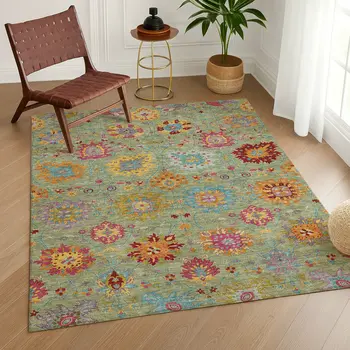 3' X 5' Artichoke Green Gold And Pink Damask Washable Indoor Outdoor Area Rug
