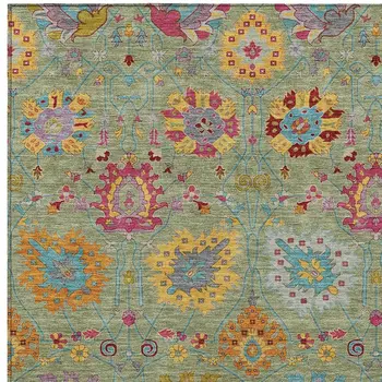 5' X 8' Artichoke Green Gold And Pink Damask Washable Indoor Outdoor Area Rug