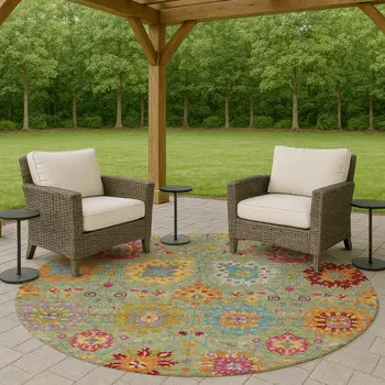 8' Artichoke Green Gold And Pink Round Damask Washable Indoor Outdoor Area Rug