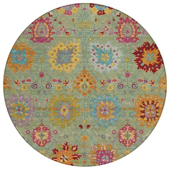 8' Artichoke Green Gold And Pink Round Damask Washable Indoor Outdoor Area Rug