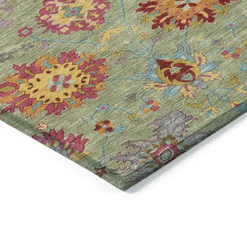8' Artichoke Green Gold And Pink Round Damask Washable Indoor Outdoor Area Rug