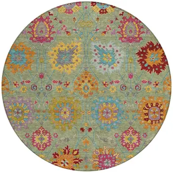 8' Artichoke Green Gold And Pink Round Damask Washable Indoor Outdoor Area Rug