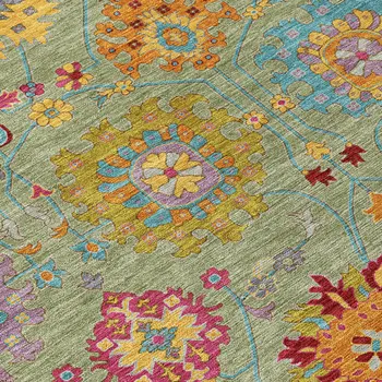 8' Artichoke Green Gold And Pink Round Damask Washable Indoor Outdoor Area Rug