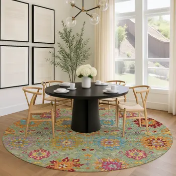 8' Artichoke Green Gold And Pink Round Damask Washable Indoor Outdoor Area Rug