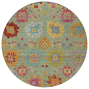8' Artichoke Green Gold And Pink Round Damask Washable Indoor Outdoor Area Rug