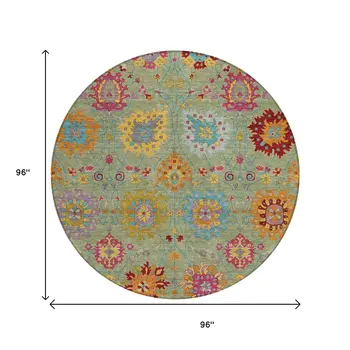 8' Artichoke Green Gold And Pink Round Damask Washable Indoor Outdoor Area Rug