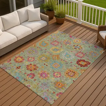 9' X 12' Artichoke Green Gold And Pink Damask Washable Indoor Outdoor Area Rug