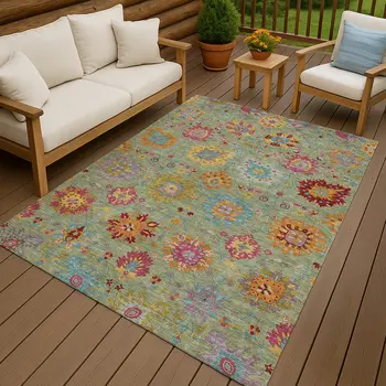 9' X 12' Artichoke Green Gold And Pink Damask Washable Indoor Outdoor Area Rug