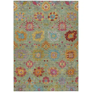 10' X 14' Artichoke Green Gold And Pink Damask Washable Indoor Outdoor Area Rug