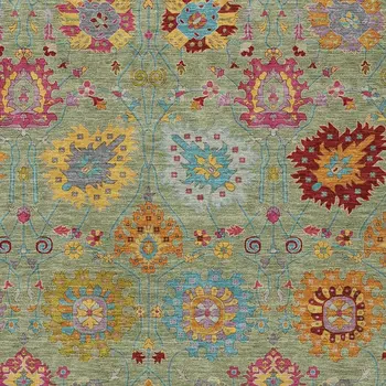 10' X 14' Artichoke Green Gold And Pink Damask Washable Indoor Outdoor Area Rug