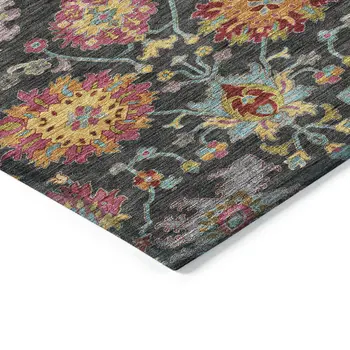 3' X 5' Black Gold And Pink Damask Washable Indoor Outdoor Area Rug