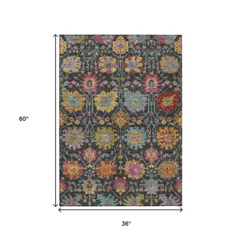 3' X 5' Black Gold And Pink Damask Washable Indoor Outdoor Area Rug
