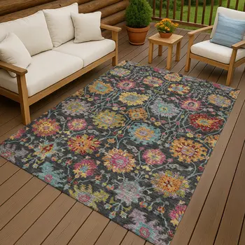 3' X 5' Black Gold And Pink Damask Washable Indoor Outdoor Area Rug