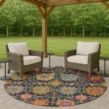 8' Black Gold And Pink Round Damask Washable Indoor Outdoor Area Rug