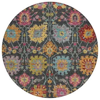 8' Black Gold And Pink Round Damask Washable Indoor Outdoor Area Rug