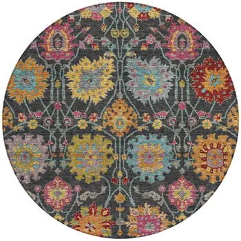 8' Black Gold And Pink Round Damask Washable Indoor Outdoor Area Rug