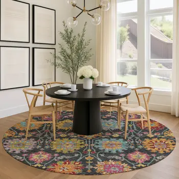 8' Black Gold And Pink Round Damask Washable Indoor Outdoor Area Rug