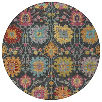8' Black Gold And Pink Round Damask Washable Indoor Outdoor Area Rug