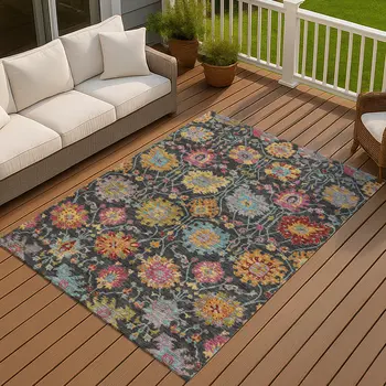 10' X 14' Black Gold And Pink Damask Washable Indoor Outdoor Area Rug