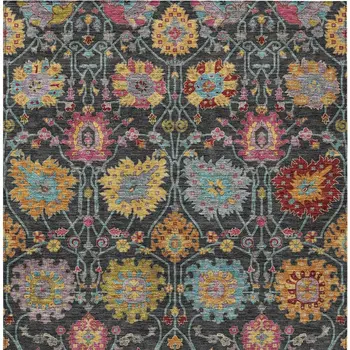10' X 14' Black Gold And Pink Damask Washable Indoor Outdoor Area Rug