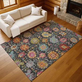 10' X 14' Black Gold And Pink Damask Washable Indoor Outdoor Area Rug