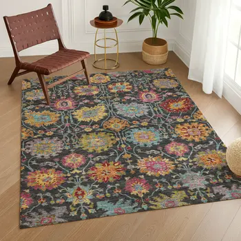10' X 14' Black Gold And Pink Damask Washable Indoor Outdoor Area Rug