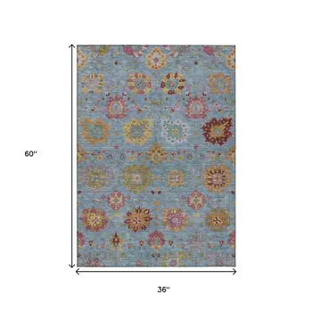 3' X 5' Blue Gold And Pink Damask Washable Indoor Outdoor Area Rug