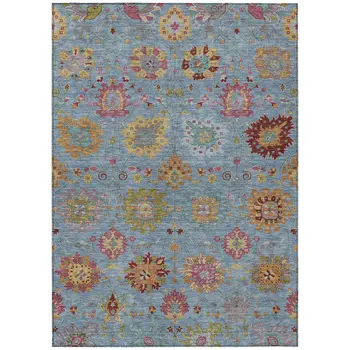 5' X 8' Blue Gold And Pink Damask Washable Indoor Outdoor Area Rug