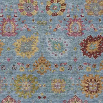5' X 8' Blue Gold And Pink Damask Washable Indoor Outdoor Area Rug