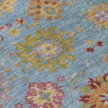 5' X 8' Blue Gold And Pink Damask Washable Indoor Outdoor Area Rug