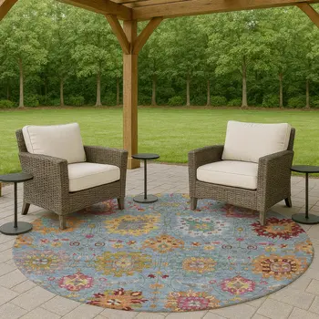 8' Blue Gold And Pink Round Damask Washable Indoor Outdoor Area Rug