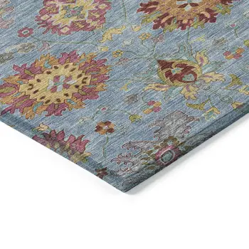 8' Blue Gold And Pink Round Damask Washable Indoor Outdoor Area Rug