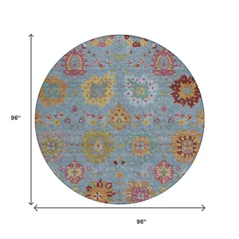 8' Blue Gold And Pink Round Damask Washable Indoor Outdoor Area Rug