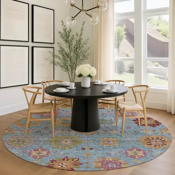 8' Blue Gold And Pink Round Damask Washable Indoor Outdoor Area Rug