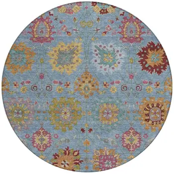 8' Blue Gold And Pink Round Damask Washable Indoor Outdoor Area Rug