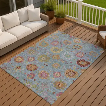 9' X 12' Blue Gold And Pink Damask Washable Indoor Outdoor Area Rug