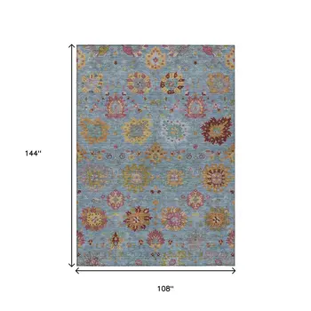 9' X 12' Blue Gold And Pink Damask Washable Indoor Outdoor Area Rug