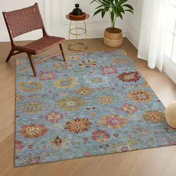 9' X 12' Blue Gold And Pink Damask Washable Indoor Outdoor Area Rug