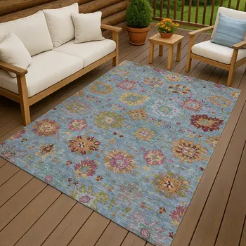 9' X 12' Blue Gold And Pink Damask Washable Indoor Outdoor Area Rug