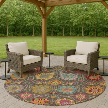 8' Chocolate Gold And Pink Round Damask Washable Indoor Outdoor Area Rug
