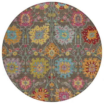 8' Chocolate Gold And Pink Round Damask Washable Indoor Outdoor Area Rug