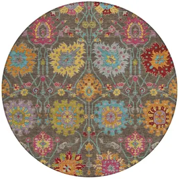 8' Chocolate Gold And Pink Round Damask Washable Indoor Outdoor Area Rug